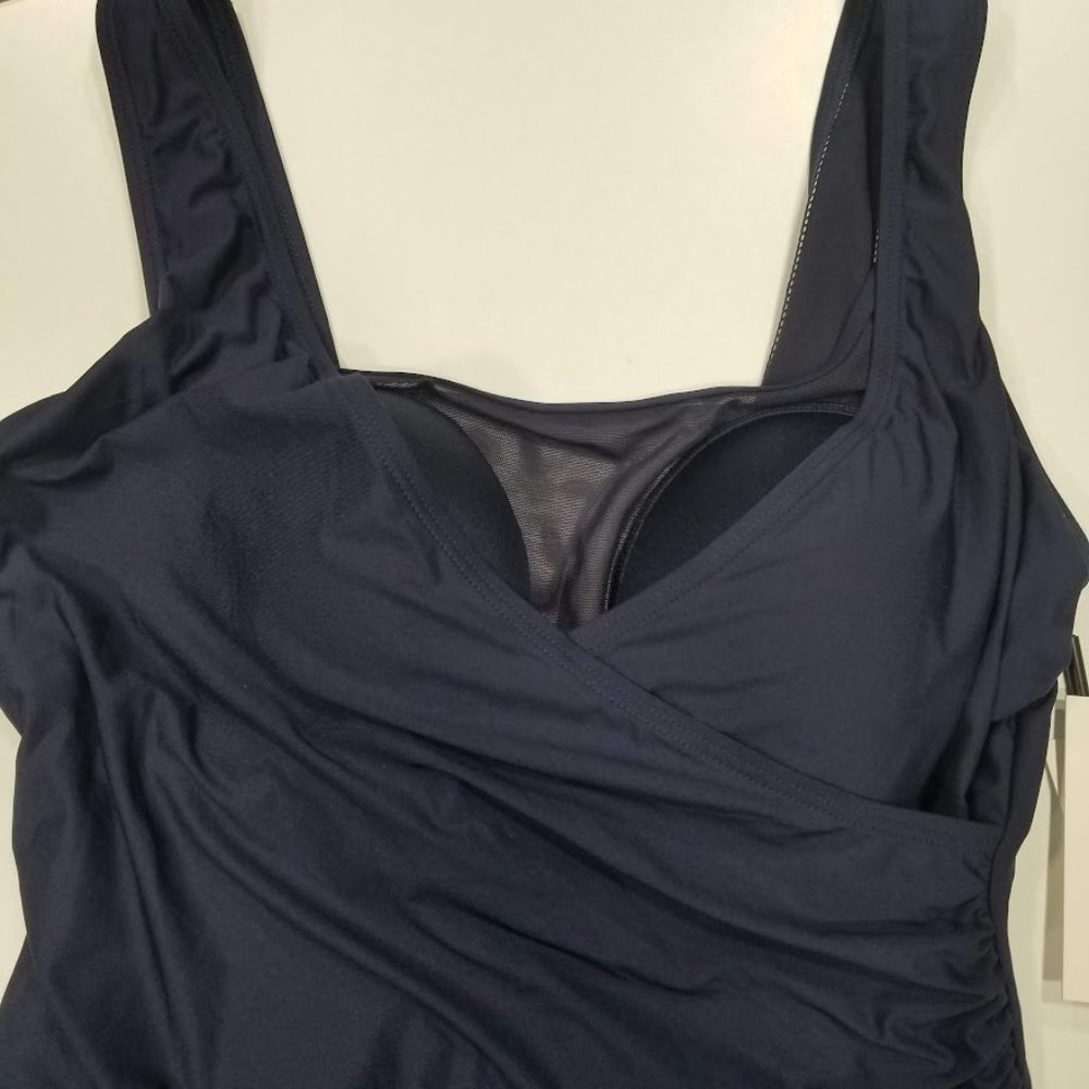 Calvin Klein Mesh Surplice Tummy Control One Piece Swimsuit Navy - Picture 7 of 13